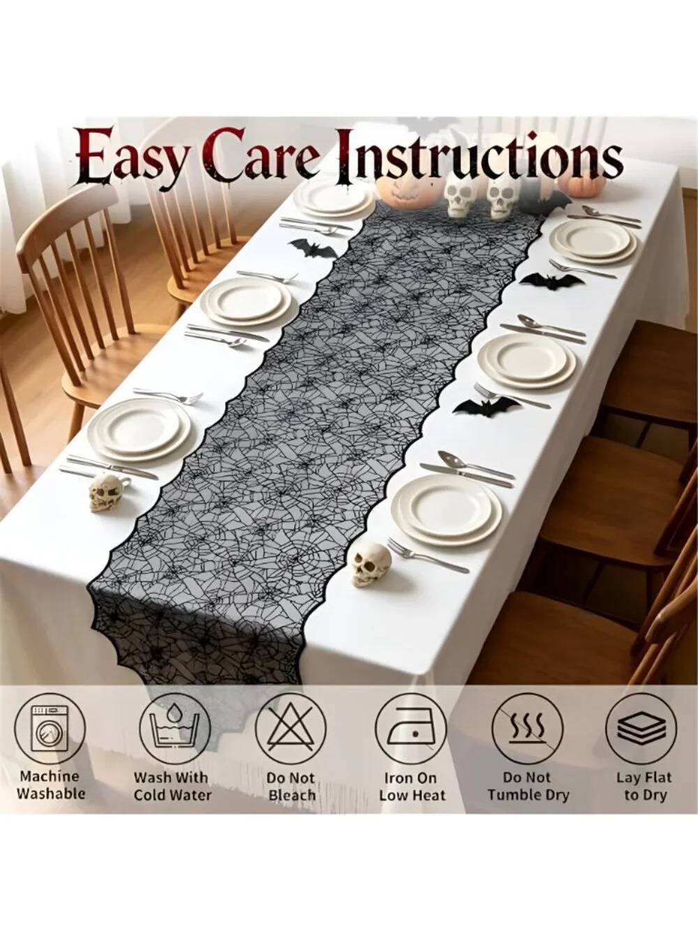 18 x 72 Inch Halloween Table Runner - 2 Pcs Black Lace Runner with Spider Web